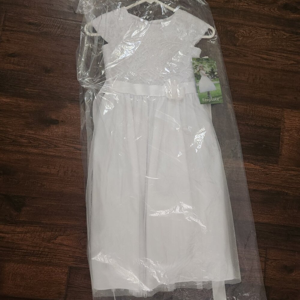 NWT GIRLS 7 FANCY DRESS white with tie bow, beaded first communion flower girl